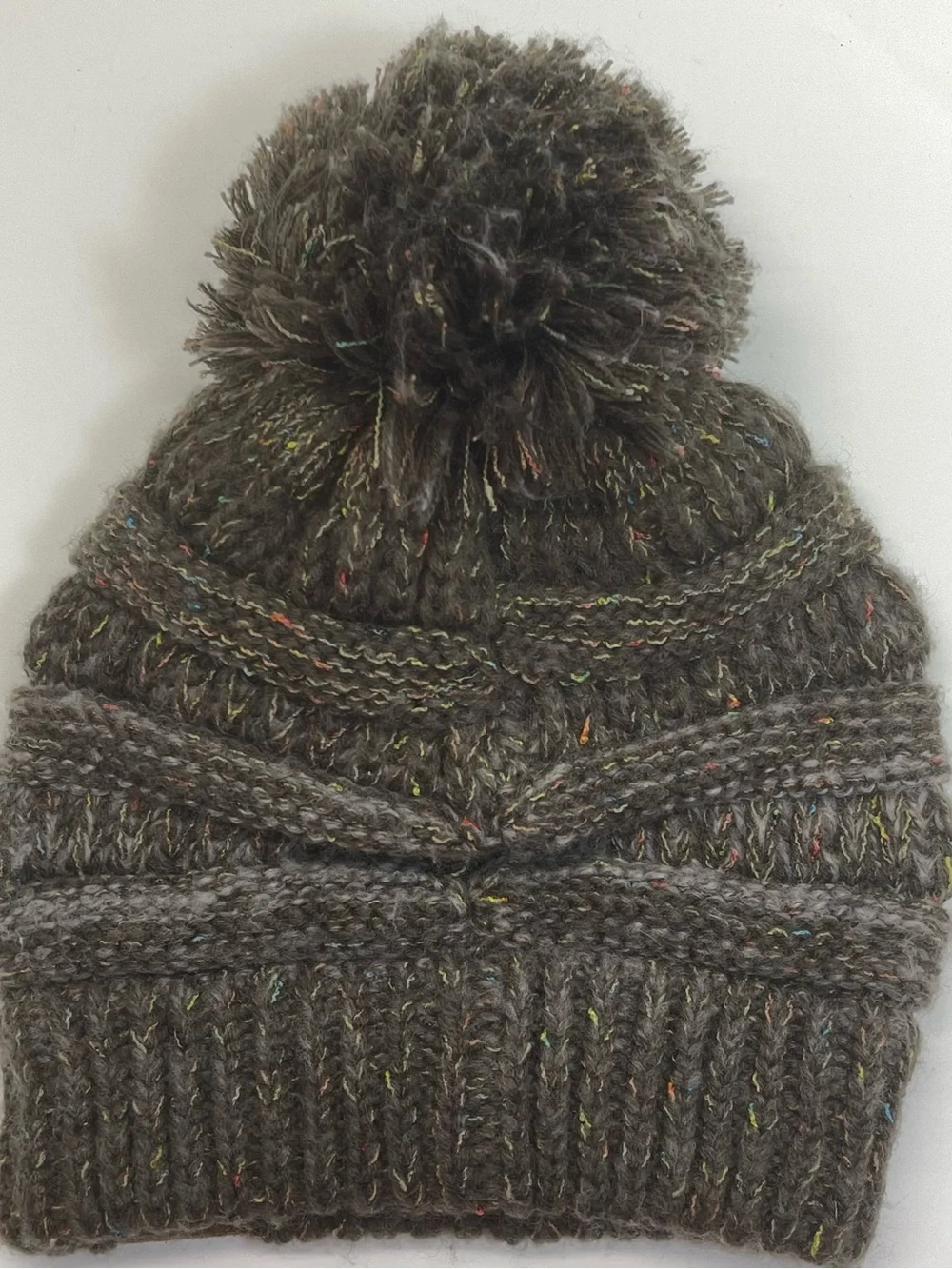 C.C Confetti Knit Beanie Pom Pom Brown Speckled Cuffed Winter Hat NWT YJ-817